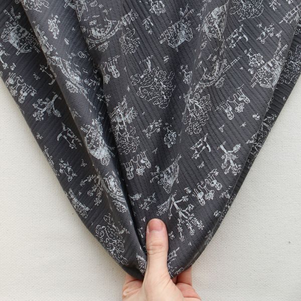 Edwina - Tissu coton piqué léger texturé toile de Jouy anthracite 2
