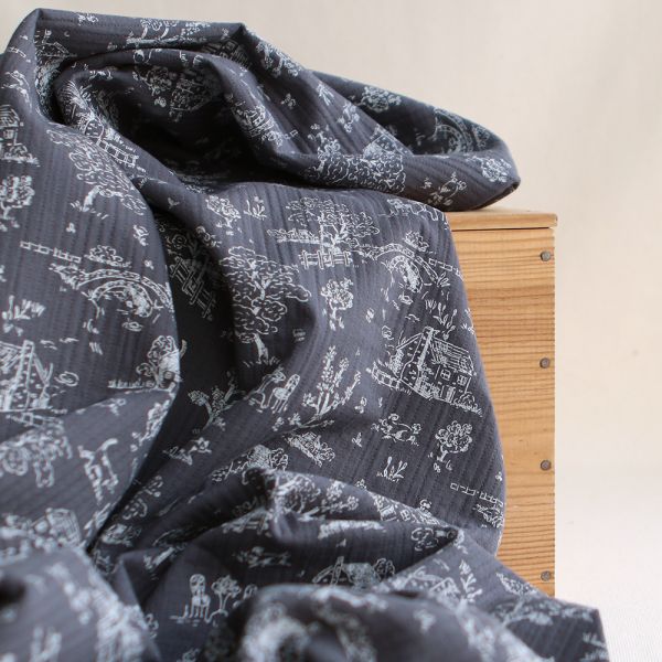 Edwina - Tissu coton piqué léger texturé toile de Jouy anthracite