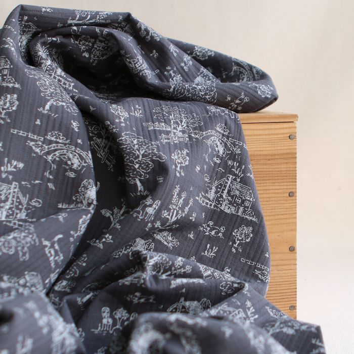 Edwina - Tissu coton piqué léger texturé toile de Jouy anthracite