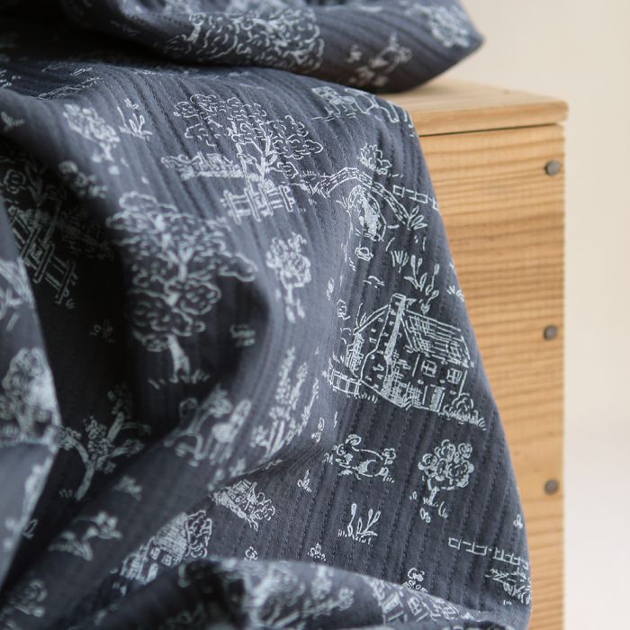 Edwina - Tissu coton piqué léger texturé toile de Jouy anthracite