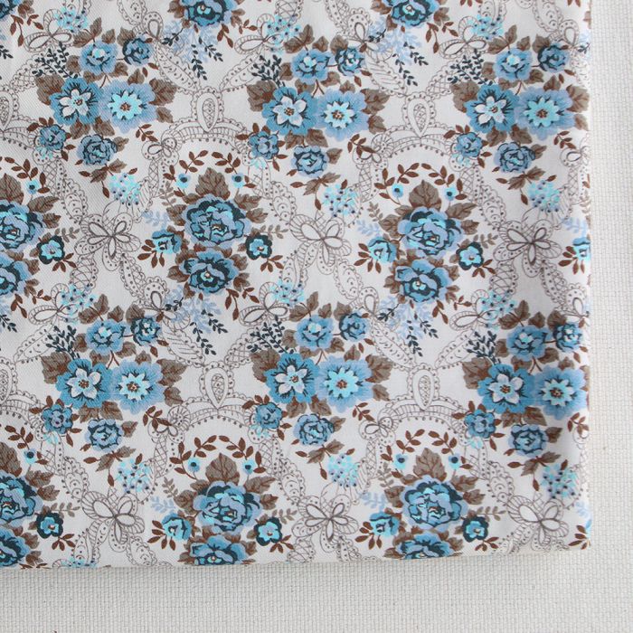 Amalia - Sergé de coton BIO organique imprimé fleuri marron et bleu