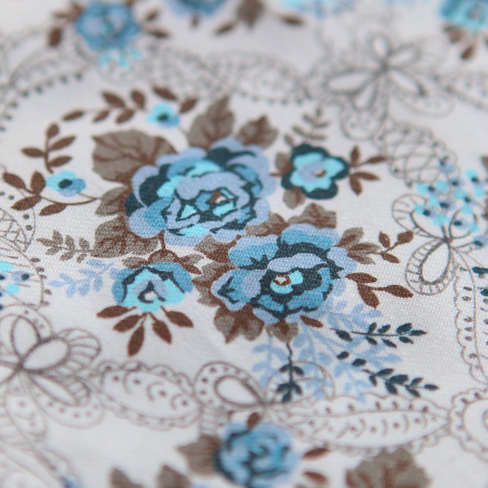 Amalia - Sergé de coton BIO organique imprimé fleuri marron et bleu