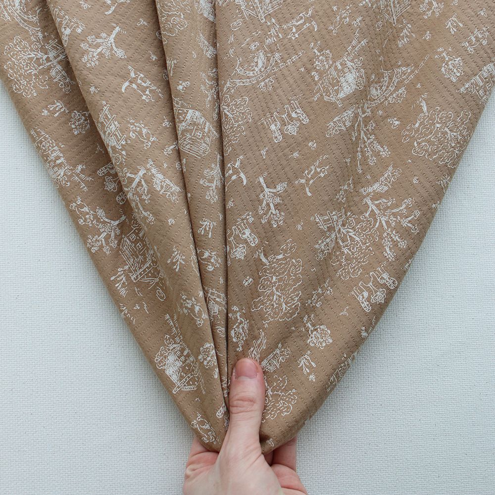 Edwina - Tissu coton piqué léger texturé toile de Jouy camel