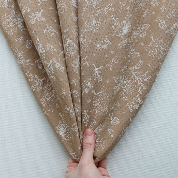 Edwina - Tissu coton piqué léger texturé toile de Jouy camel