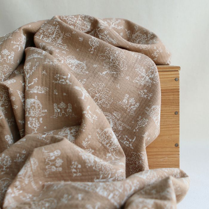Edwina - Tissu coton piqué léger texturé toile de Jouy camel