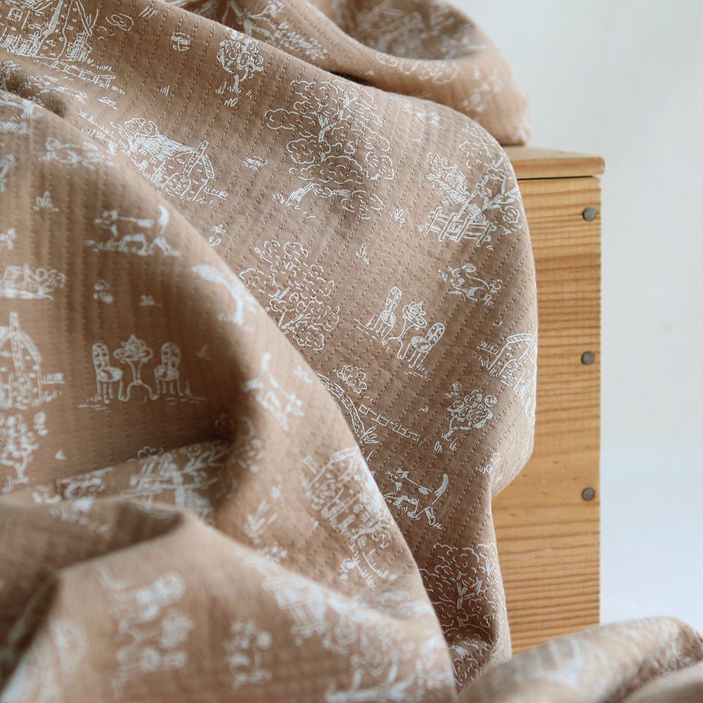 Edwina - Tissu coton piqué léger texturé toile de Jouy camel