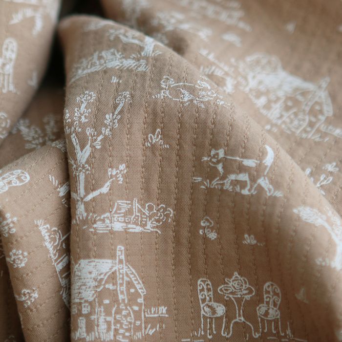 Edwina - Tissu coton piqué léger texturé toile de Jouy camel