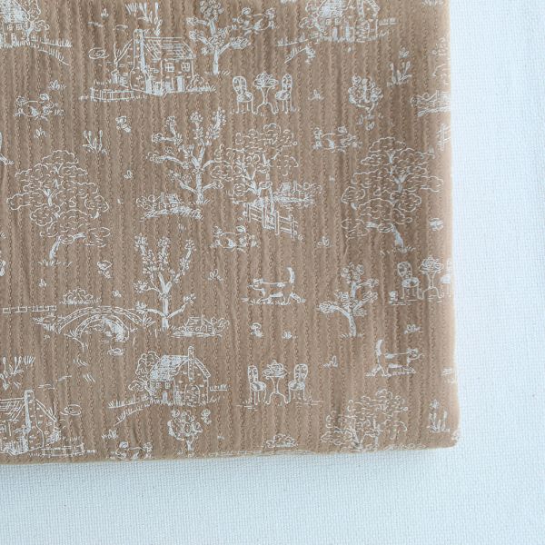 Edwina - Tissu coton piqué léger texturé toile de Jouy camel 2