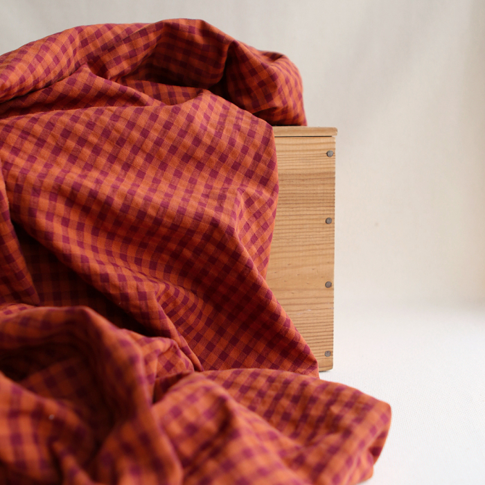 Tissu coton Vichy carreaux Seersucker gaufré vin et potiron