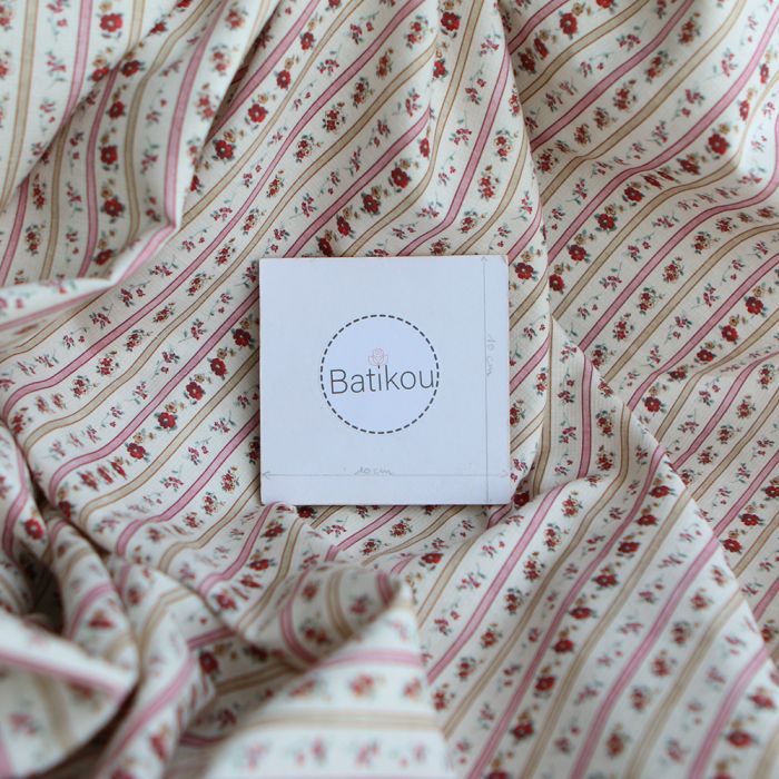Paloma - Petit piqué coton gratté BIO rayures et fleuri rouge rose beige