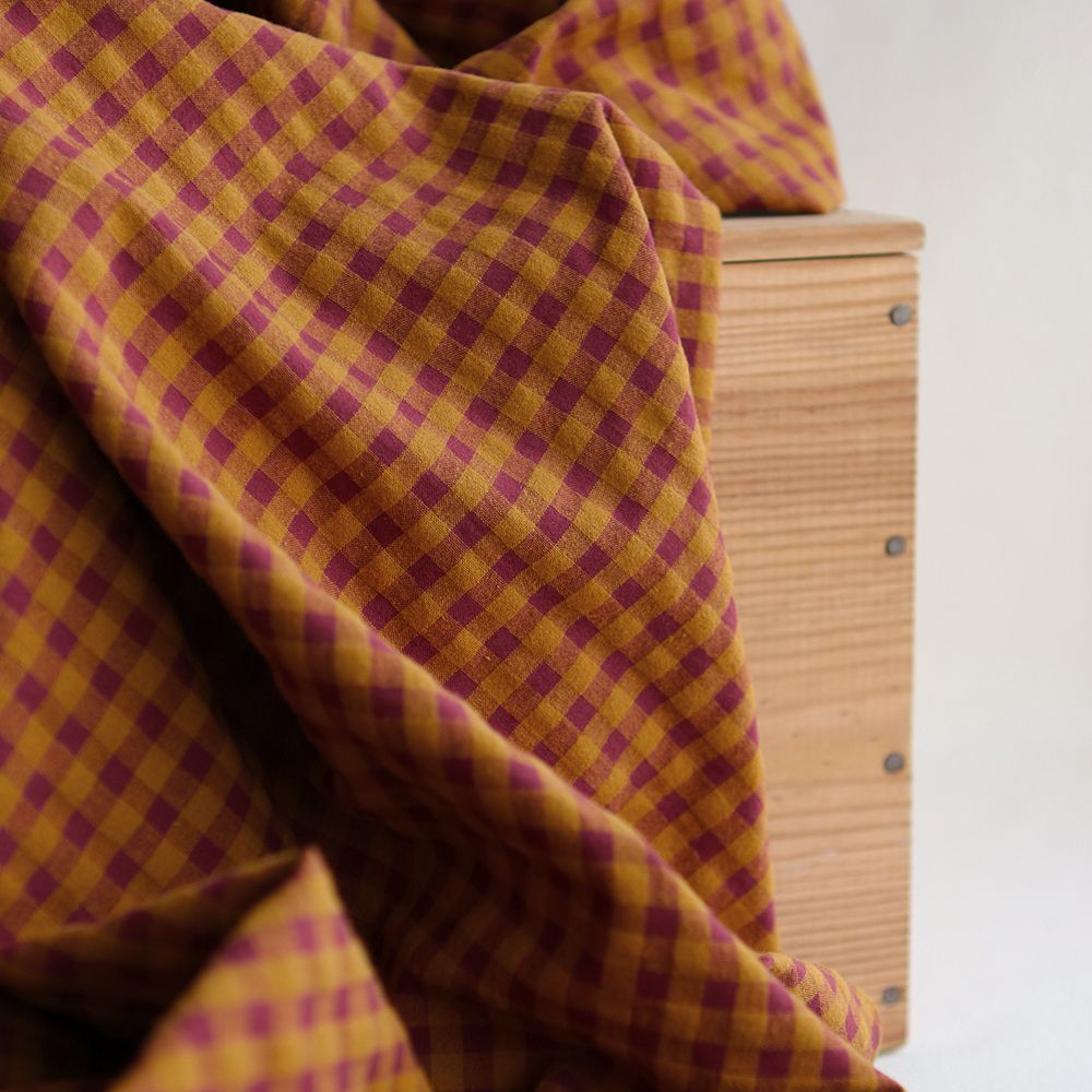 Seersucker / Coton gaufré vichy 6mm prune / miel