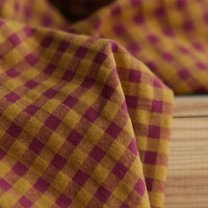 Seersucker / Coton gaufré vichy 6mm prune / miel