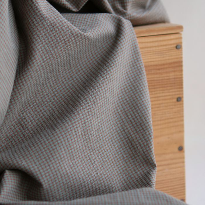 Seersucker / Coton gaufré vichy mini 1mm sauge / marron glacé