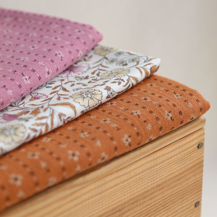 Selene - Double gaze coton BIO imprimé fond bois de rose