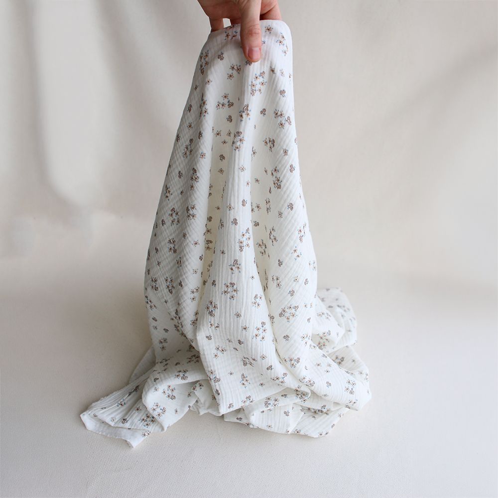 Alix - Double gaze coton BIO petit imprimé beige et bleu