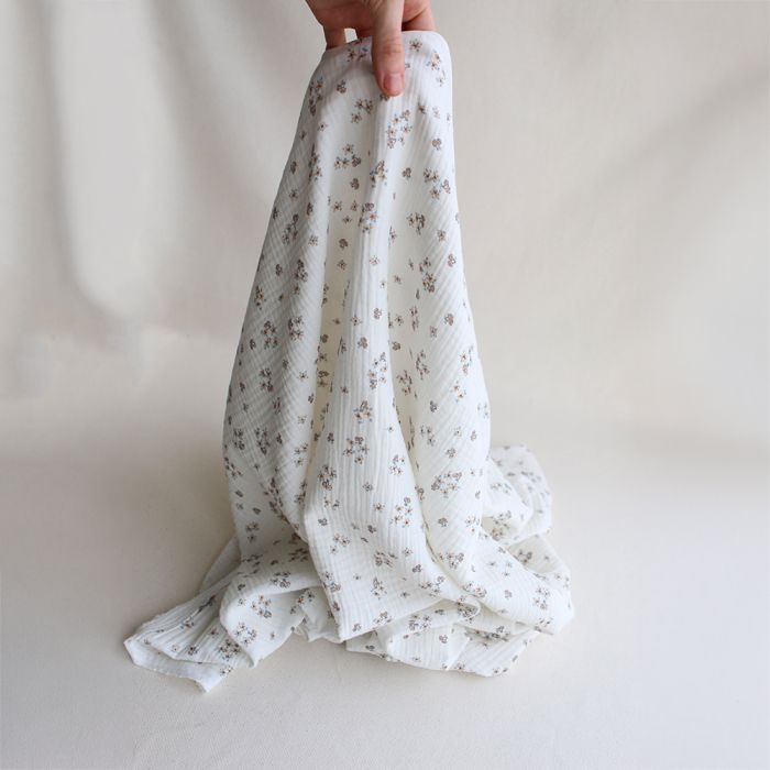 Alix - Double gaze coton BIO petit imprimé beige et bleu