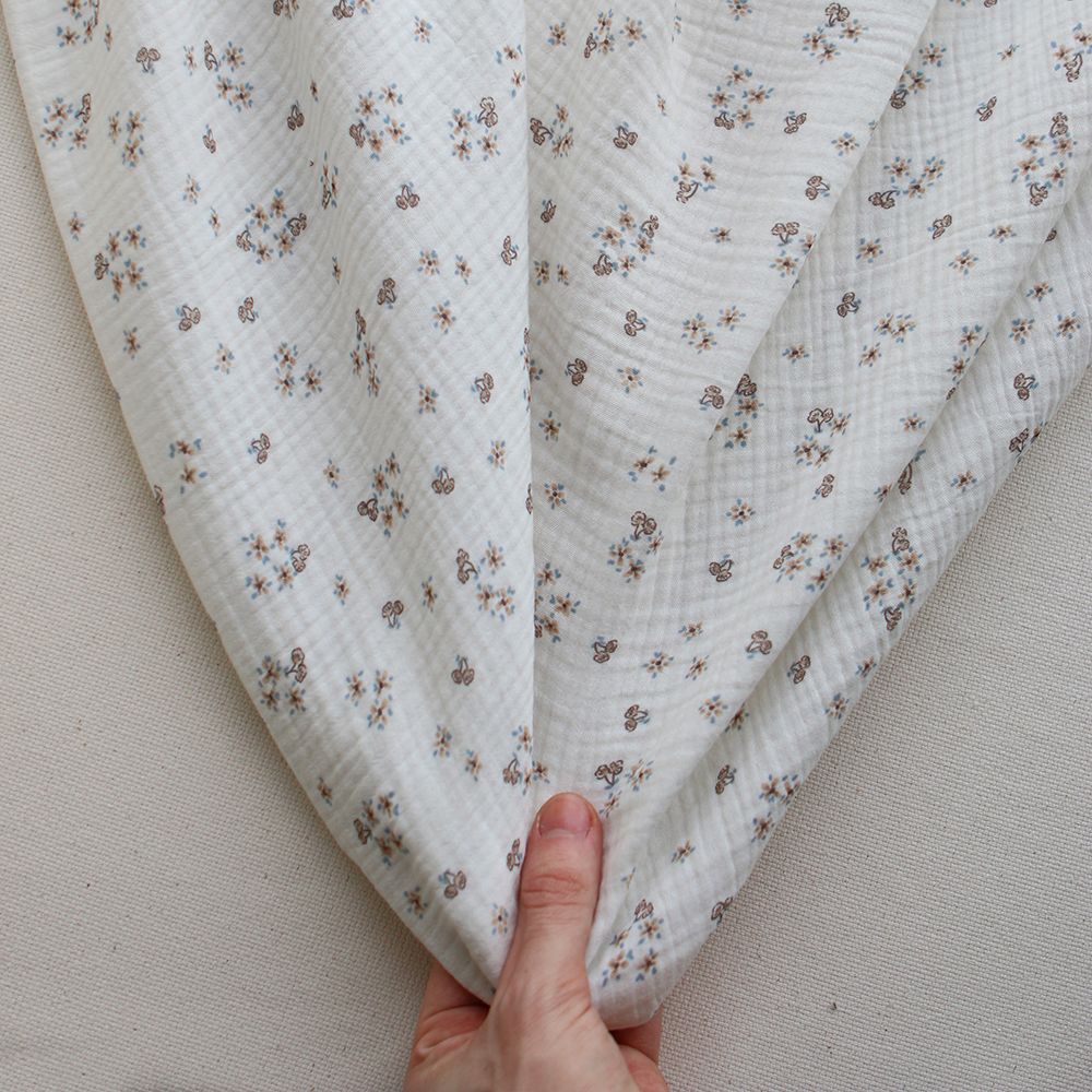 Alix - Double gaze coton BIO petit imprimé beige et bleu