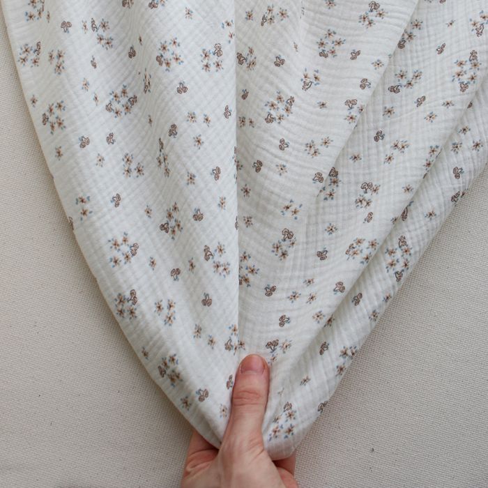 Alix - Double gaze coton BIO petit imprimé beige et bleu