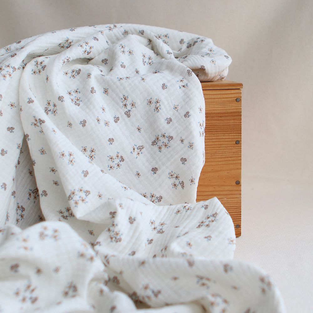 Alix - Double gaze coton BIO petit imprimé beige et bleu