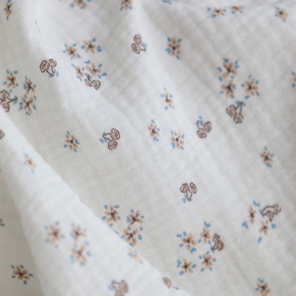 Alix - Double gaze coton BIO petit imprimé beige et bleu