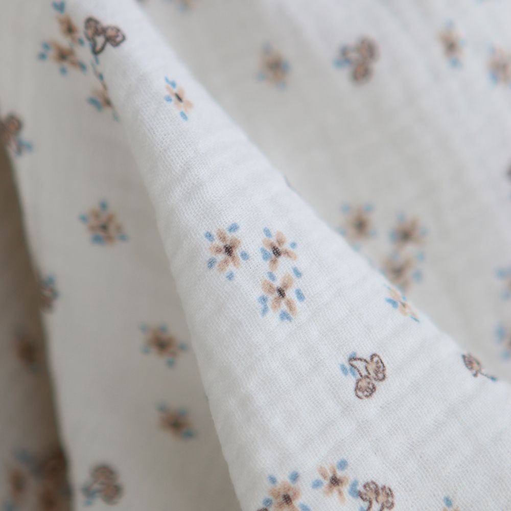 Alix - Double gaze coton BIO petit imprimé beige et bleu