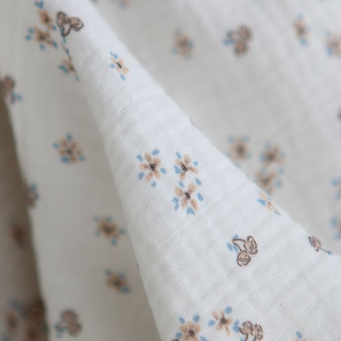 Alix - Double gaze coton BIO petit imprimé beige et bleu