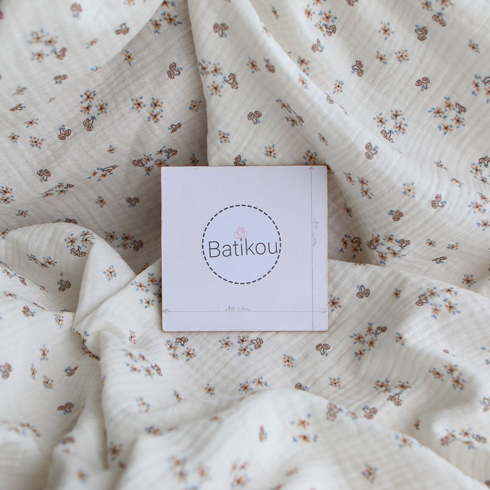 Alix - Double gaze coton BIO petit imprimé beige et bleu