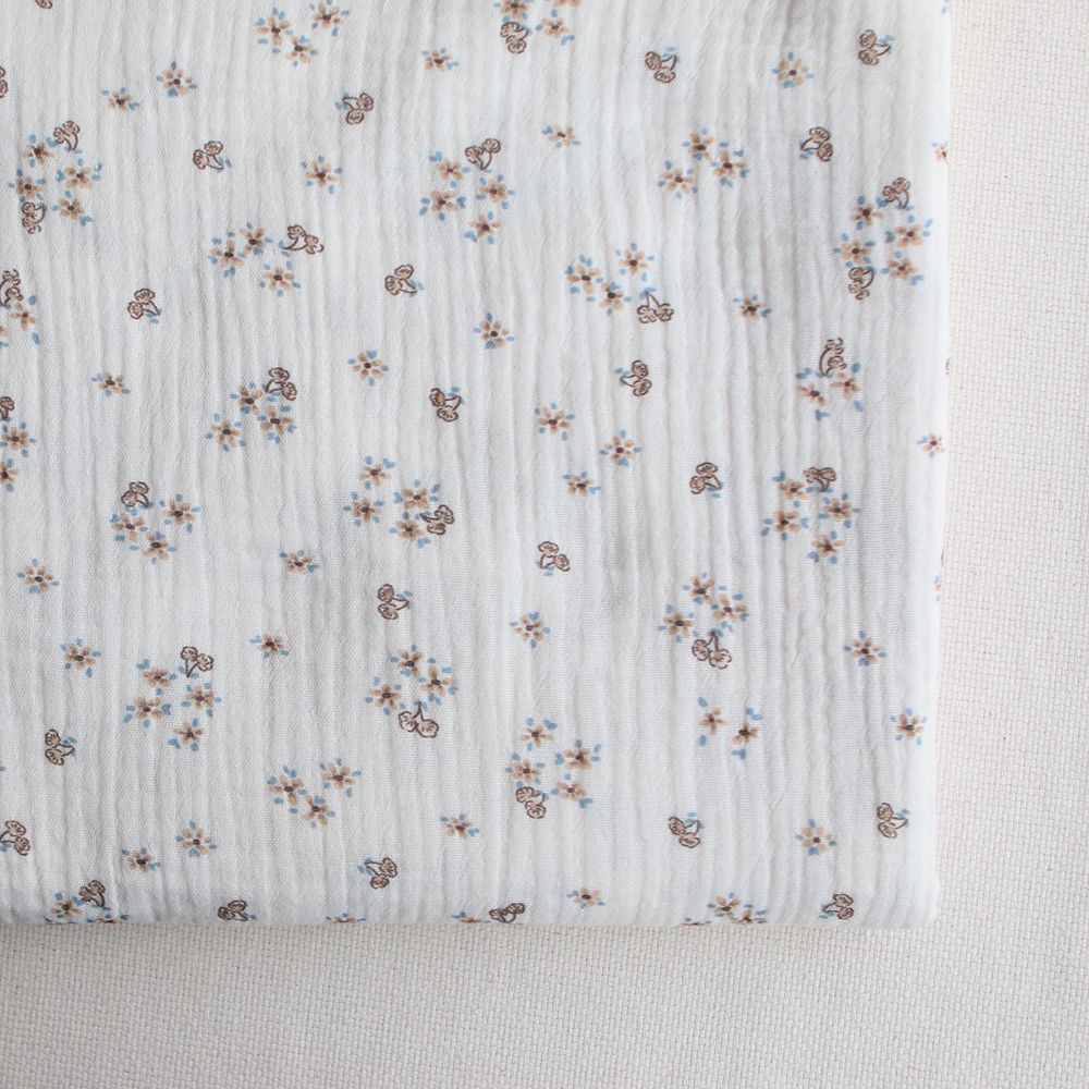 Alix - Double gaze coton BIO petit imprimé beige et bleu