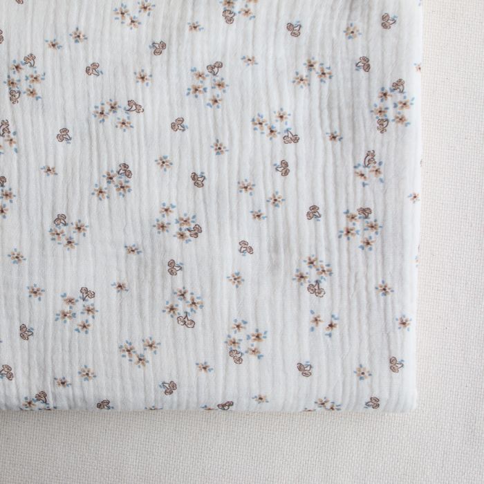 Alix - Double gaze coton BIO petit imprimé beige et bleu