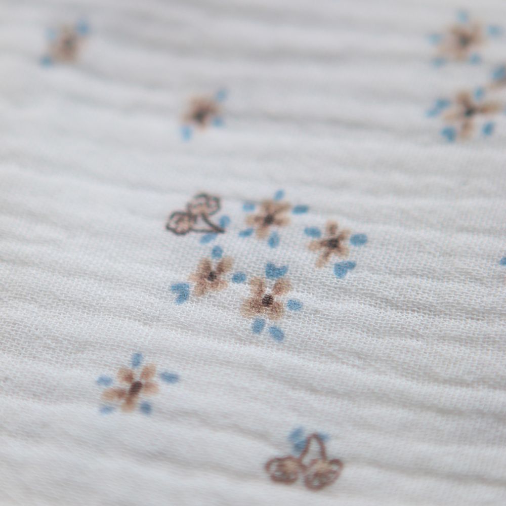 Alix - Double gaze coton BIO petit imprimé beige et bleu