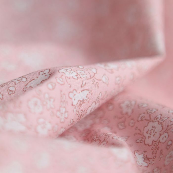 Gus - Batiste de coton Bio SILKYNE imprimé petit fleuri et souris subtiles ton sur ton rose poudré