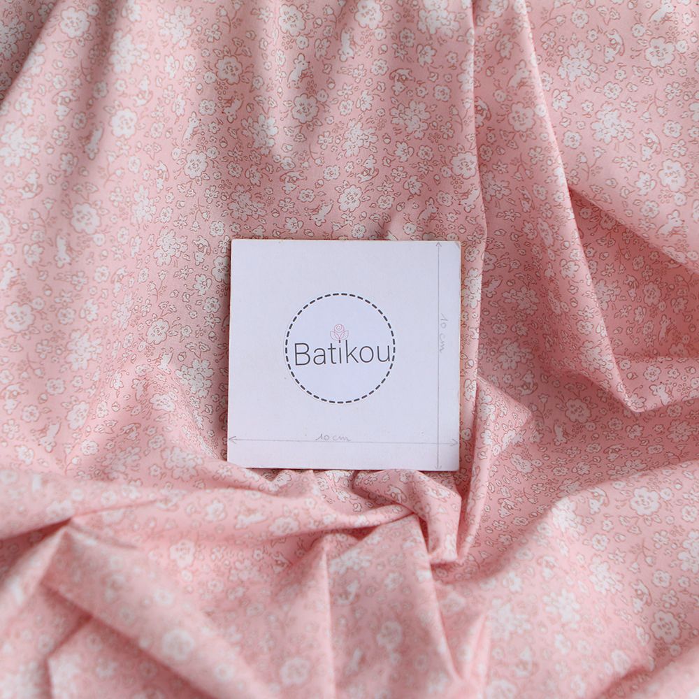 Gus - Batiste de coton Bio SILKYNE imprimé petit fleuri et souris subtiles ton sur ton rose poudré