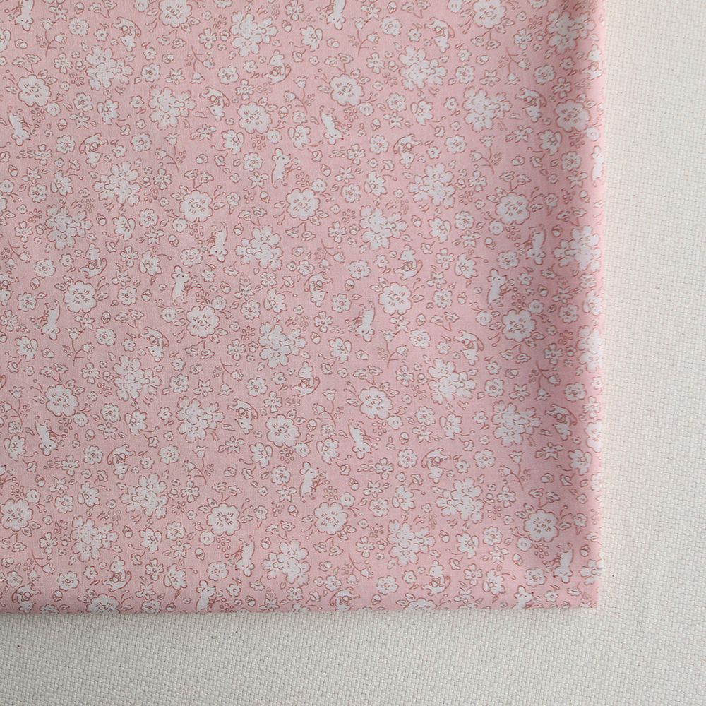Gus - Batiste de coton Bio SILKYNE imprimé petit fleuri et souris subtiles ton sur ton rose poudré