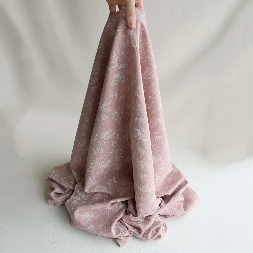 Edwina - Tissu coton piqué léger texturé toile de Jouy vieux rose