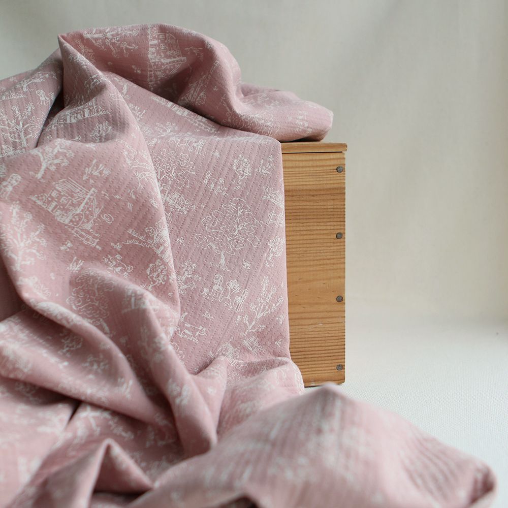 Edwina - Tissu coton piqué léger texturé toile de Jouy vieux rose