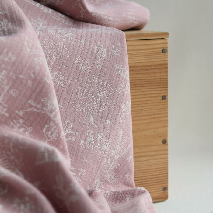 Edwina - Tissu coton piqué léger texturé toile de Jouy vieux rose