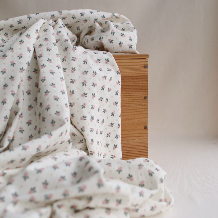Jemima - Coton lavé bio blanc lait fleuri rose et vert