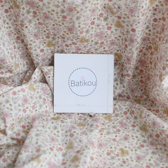 Gus - Batiste de coton Bio SILKYNE imprimé petit fleuri et souris subtiles rose poudré