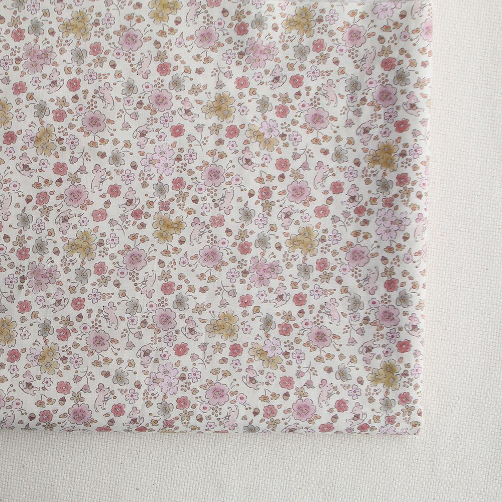 Gus - Batiste de coton Bio SILKYNE imprimé petit fleuri et souris subtiles rose poudré