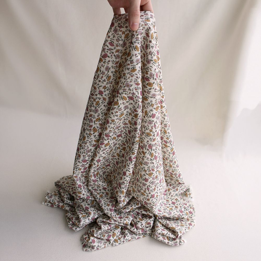 Fanny - Coton lavé bio écru lait fleuri rose, ocre et vert