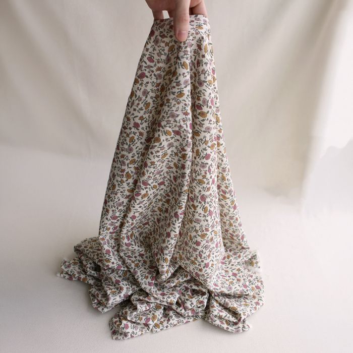 Fanny - Coton lavé bio écru lait fleuri rose, ocre et vert