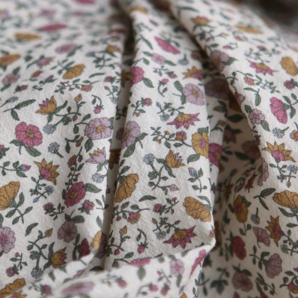 Fanny - Coton lavé bio écru lait fleuri rose, ocre et vert 2