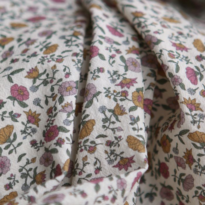 Fanny - Coton lavé bio écru lait fleuri rose, ocre et vert