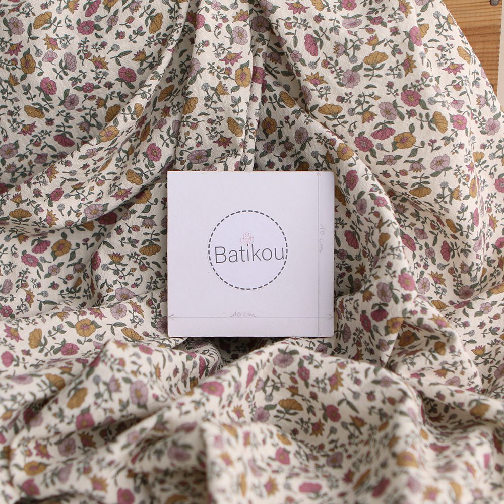 Fanny - Coton lavé bio écru lait fleuri rose, ocre et vert