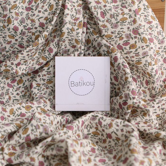 Fanny - Coton lavé bio écru lait fleuri rose, ocre et vert