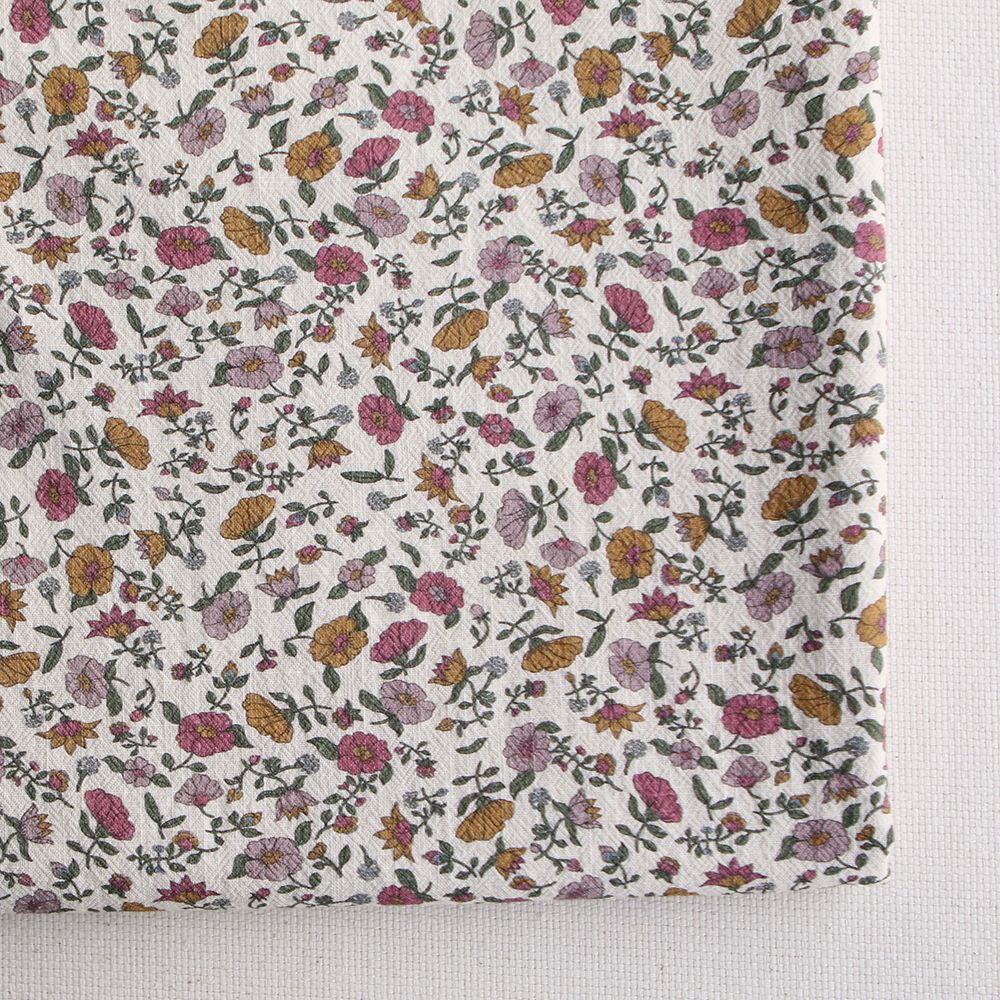 Fanny - Coton lavé bio écru lait fleuri rose, ocre et vert