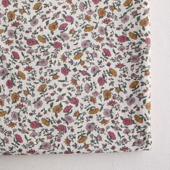 Fanny - Coton lavé bio écru lait fleuri rose, ocre et vert