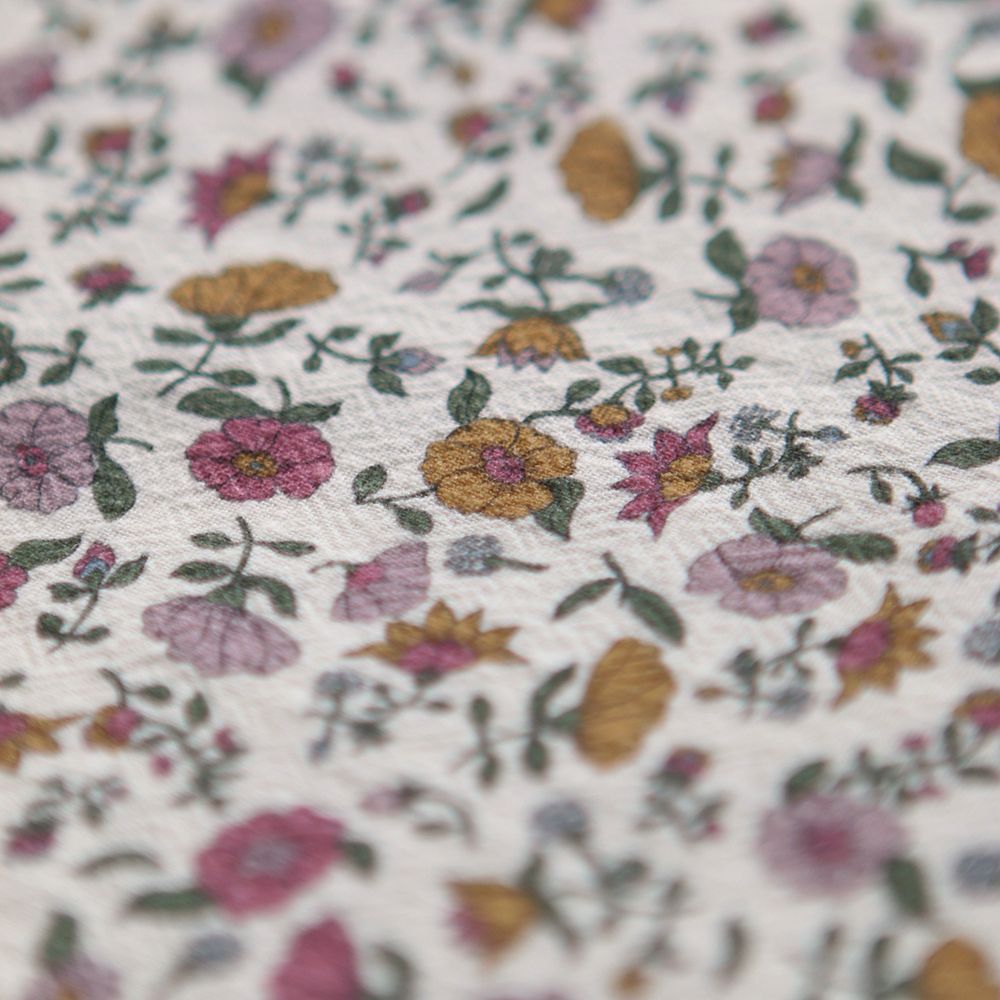 Fanny - Coton lavé bio écru lait fleuri rose, ocre et vert