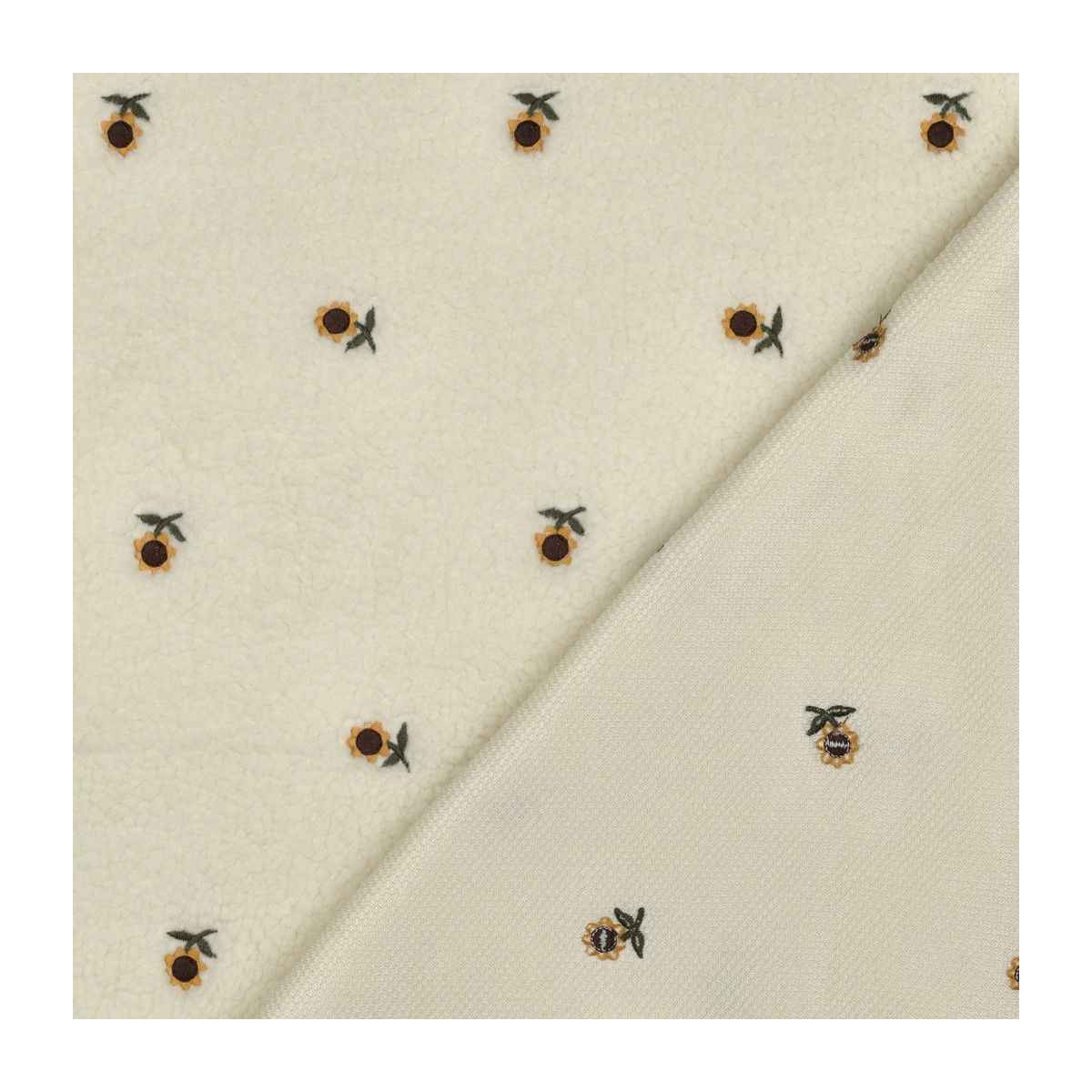 Tissu teddy brodé petits tournesols coloris écru