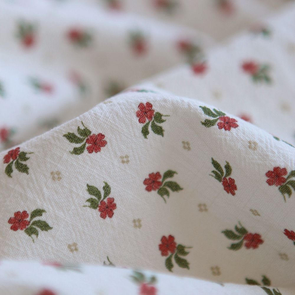 Jemima - Coton lavé bio blanc lait fleuri vert et rouge